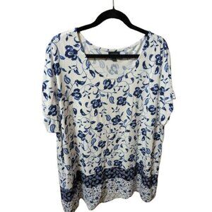 J Jill Cream Blue Floral Top Short Sleeve Women's Size 2XL